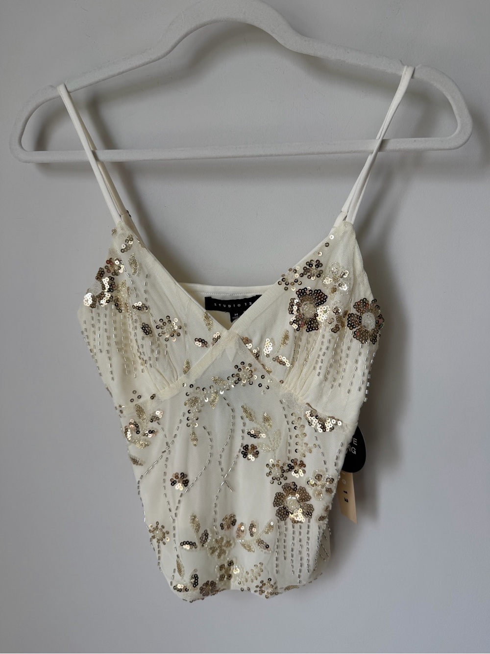 Cream yellow beaded floral Sequin Tank top